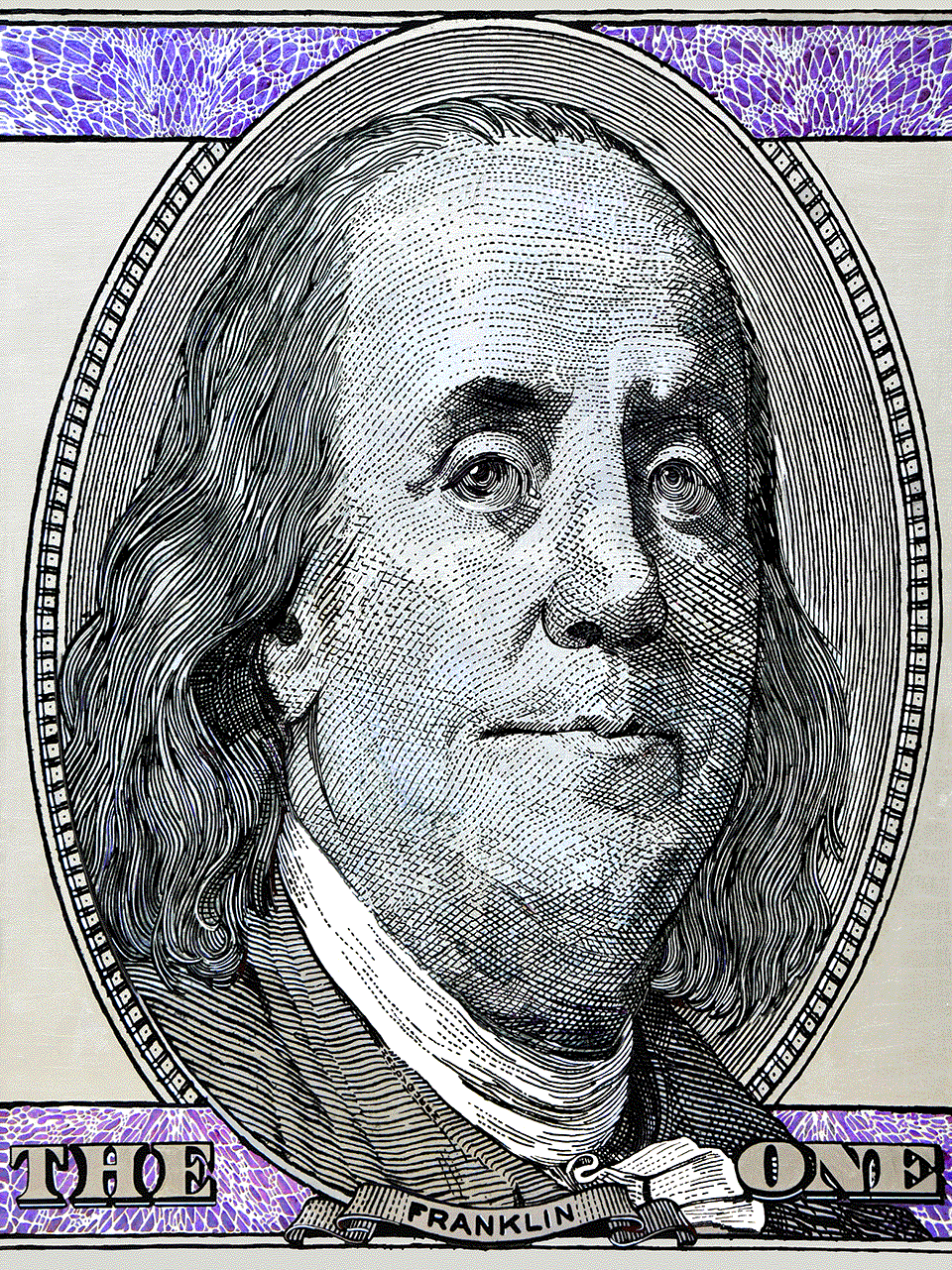 Close-up animated illustration of Benjamin Franklin's engraved portrait on a US one hundred dollar bill with purple security features