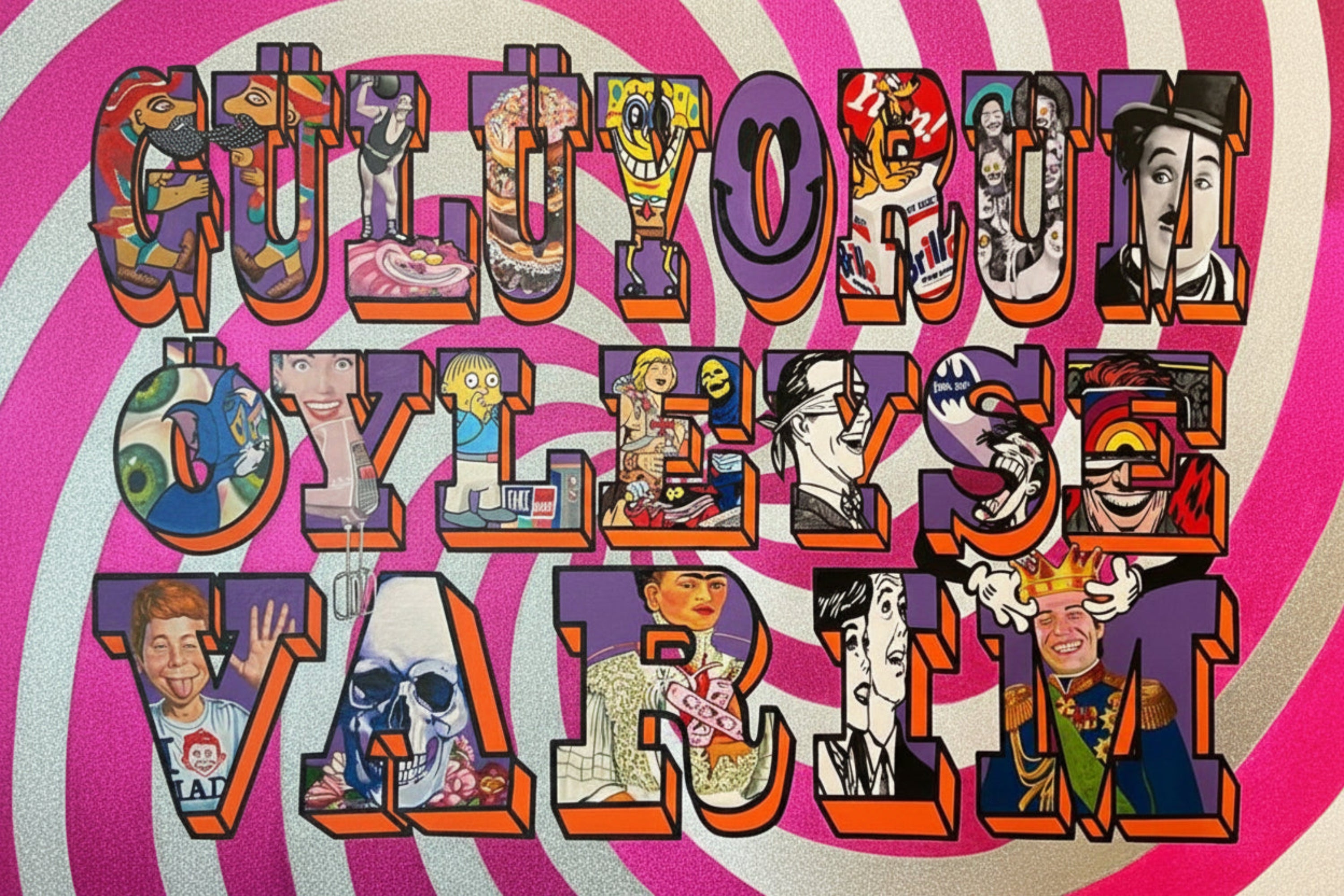 Colorful text with artistic designs on a pink and white spiral background