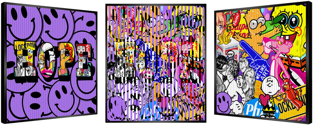 HOPE by Hande Ugur — 100 x 100 cm hand-painted acrylic contemporary pop-art work with smiley faces, retro characters and layered cultural imagery.
