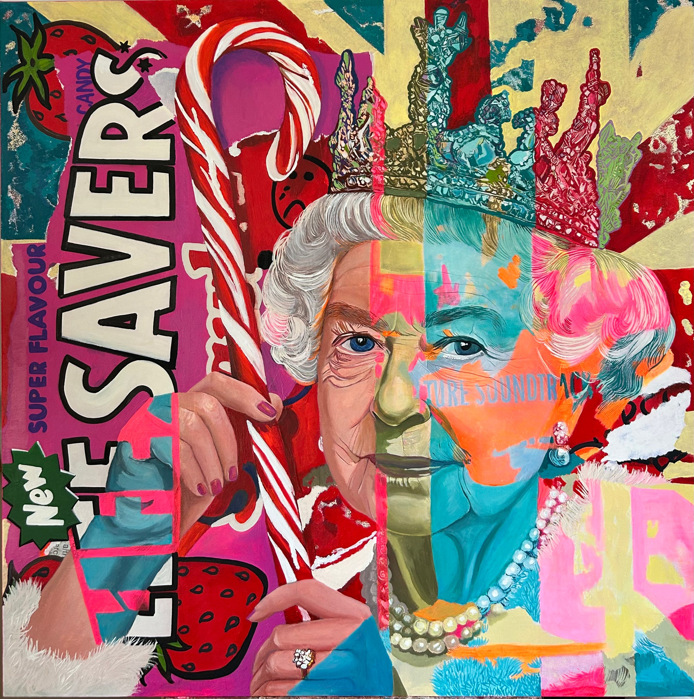 Queen’s Cane by Hande Ugur — vibrant acrylic painting of Queen Elizabeth reimagined in pop-art style, holding a giant candy cane, with neon colours, collage-like textures, and bold contemporary elements on a 100×100 cm canvas.