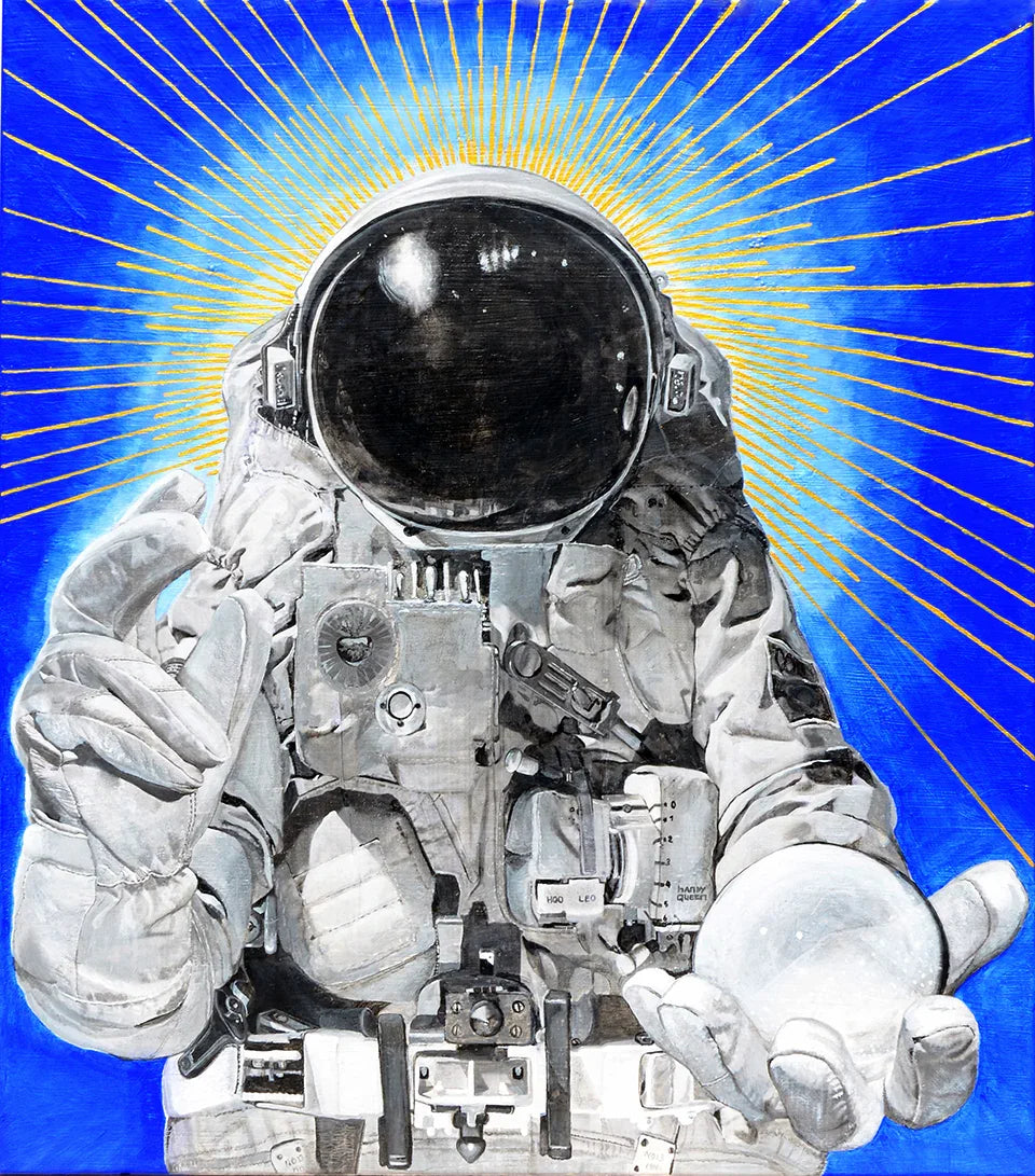 Salvator Futurum by Hande Ugur, acrylic on canvas artwork inspired by Leonardo da Vinci’s Salvator Mundi, depicting an astronaut figure with golden rays on a blue background.