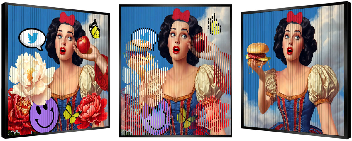 Choose Wisely, Snow White by Hande Ugur — 100 x 100 cm hand-painted acrylic contemporary pop-art work reimagining Snow White through modern temptation and consumer culture.