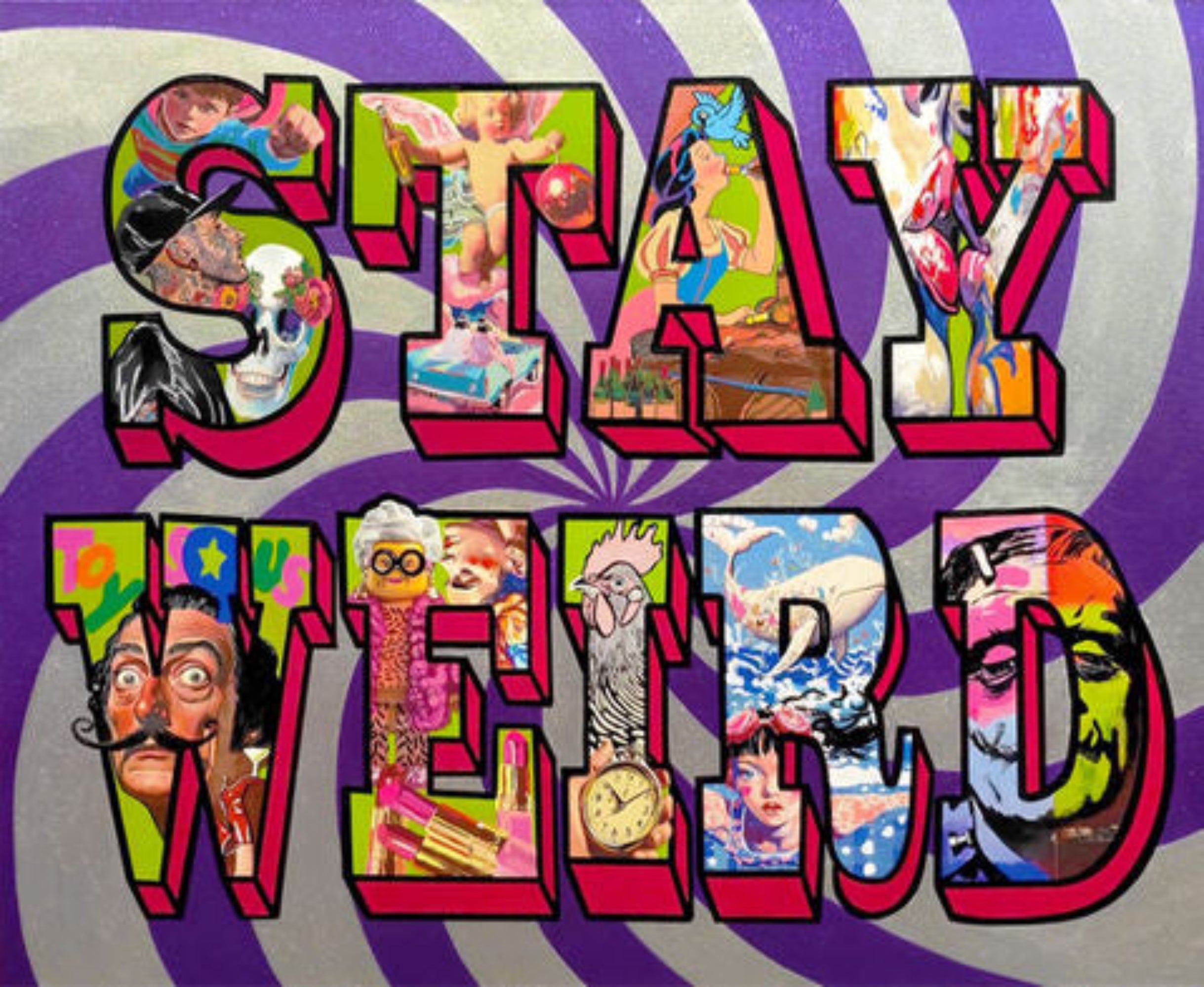 Colorful text 'STAY WEIRD' with artistic designs on a purple and gray spiral background