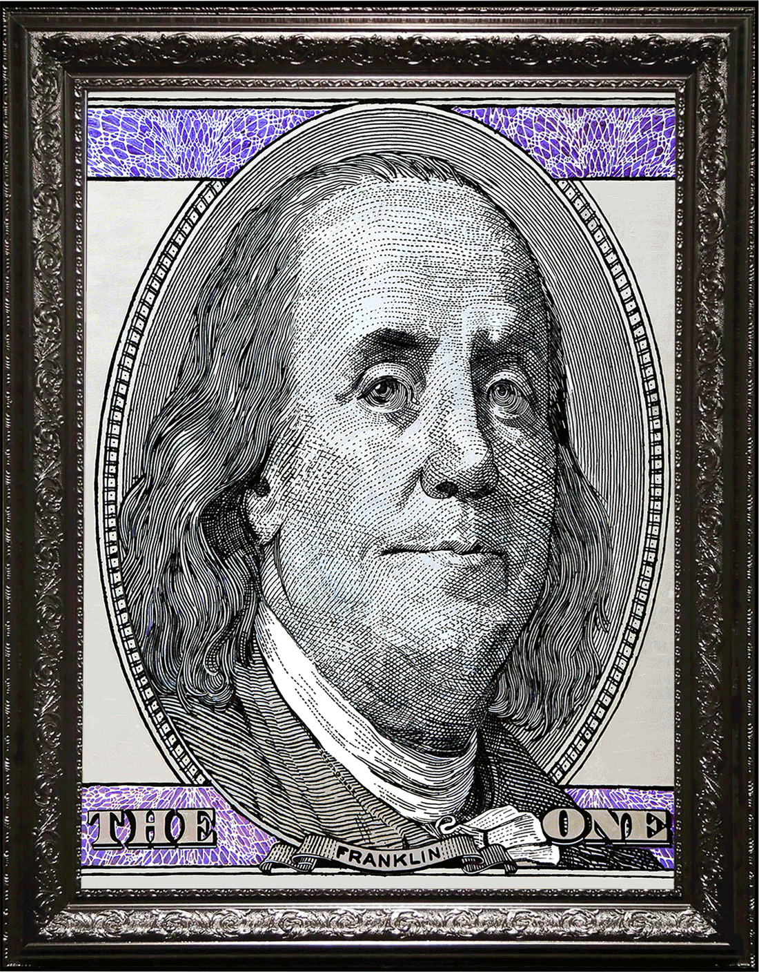 Lenticular pop-art artwork of Benjamin Franklin by Hande Ugur, featuring animated shifting layers, bold contemporary money iconography, purple accent textures, and ornate baroque frame.