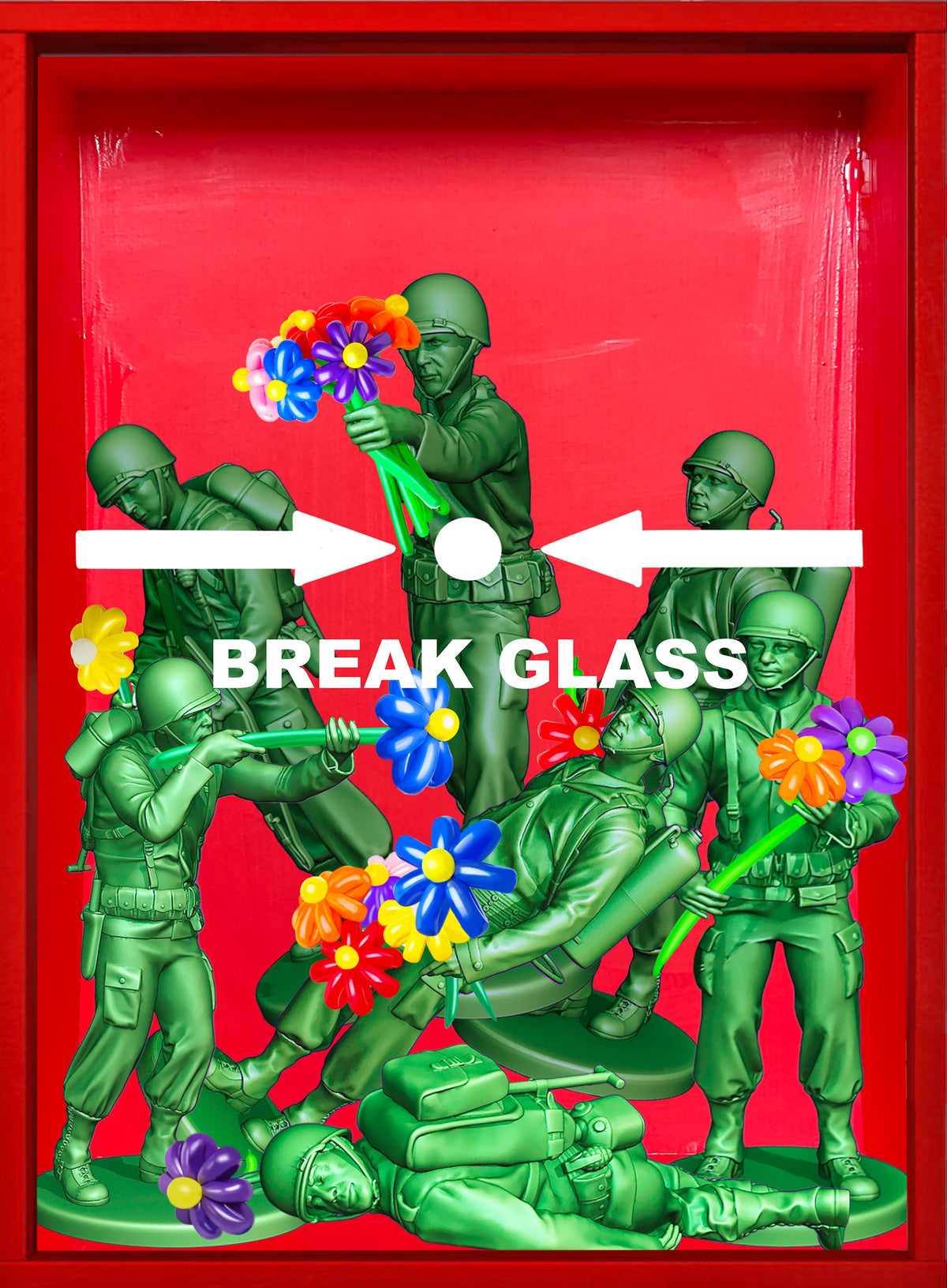 Toy Soldier by Hande Ugur — green plastic toy soldiers holding colorful flowers inside a red emergency box with ‘Break Glass’ text, satirical contemporary pop-art commentary on war and peace.