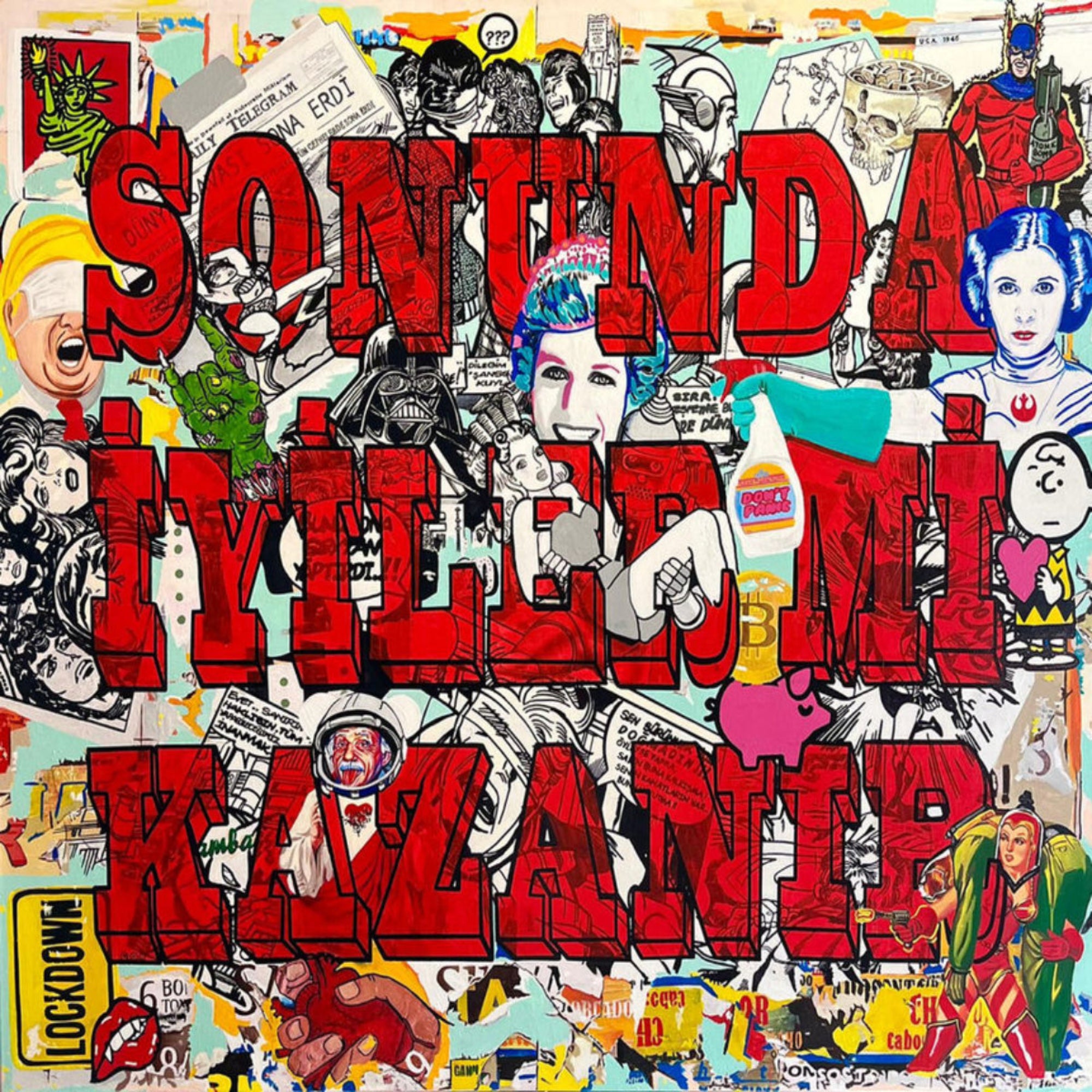 Collage with various popular culture images and text in different fonts and colors, featuring prominent red text.