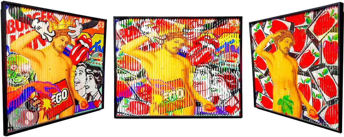 ADAM by Hande Ugur — 100 x 100 cm hand-painted acrylic contemporary pop-art work exploring ego, temptation, consumerism and social-media culture.