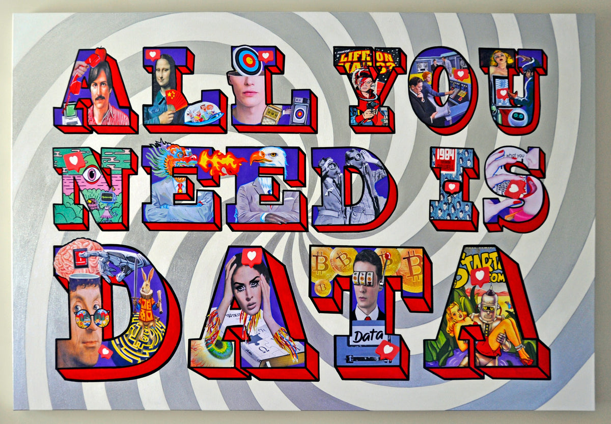 All You Need Is Data by Hande Ugur, acrylic and mixed media on canvas, 100 × 150 cm