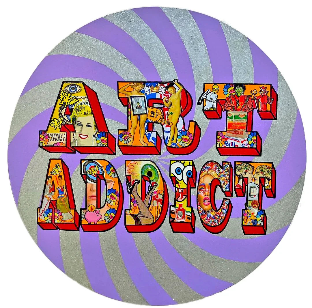 Art Addict by Hande Ugur — 100 cm round mixed-media contemporary artwork with collage typography and purple spiral background.