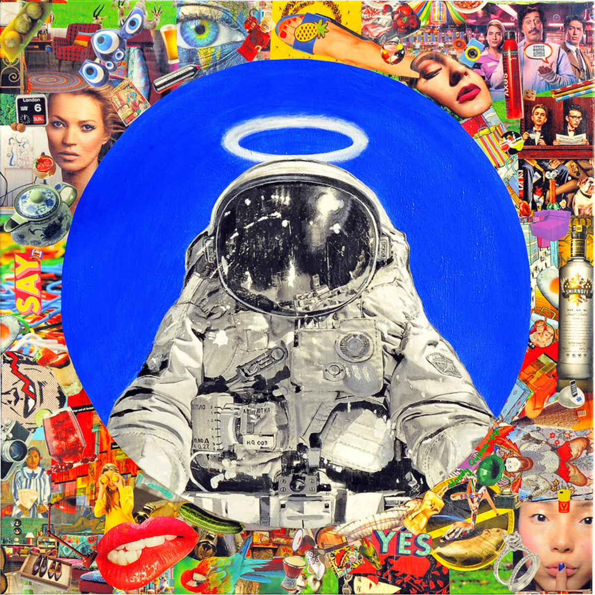 Cosmic Noise by Hande Ugur — 100 x 100 cm acrylic painting with astronaut imagery and layered contemporary pop-art collage.