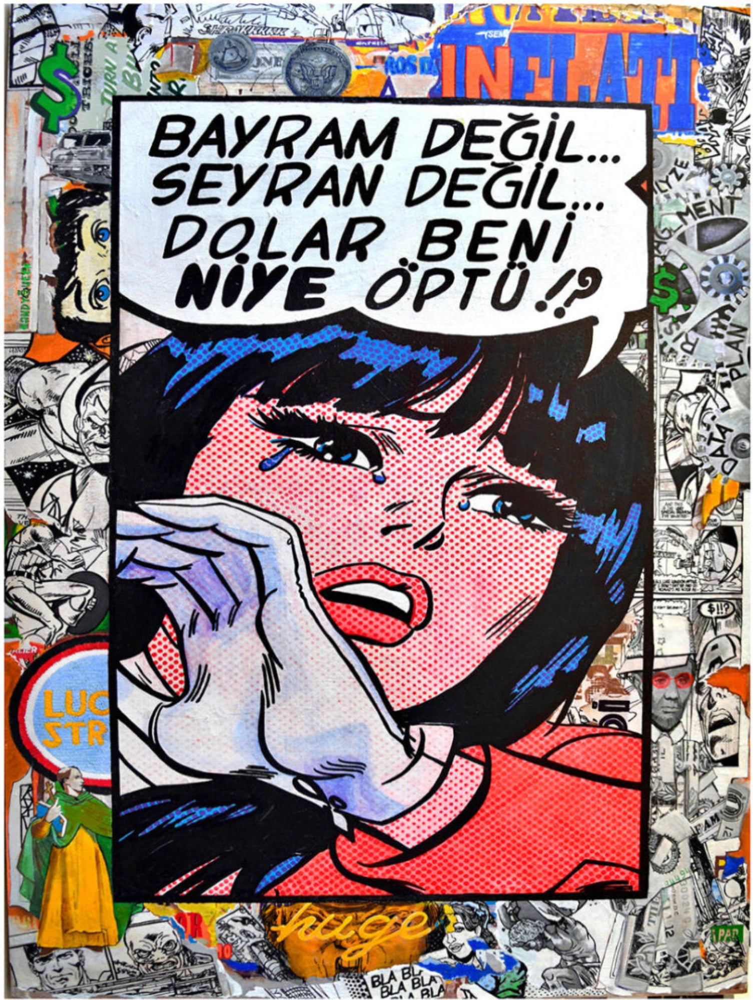 Comic-style illustration with a distressed character and text on a collage background, says 'bayram degil seyran degil'