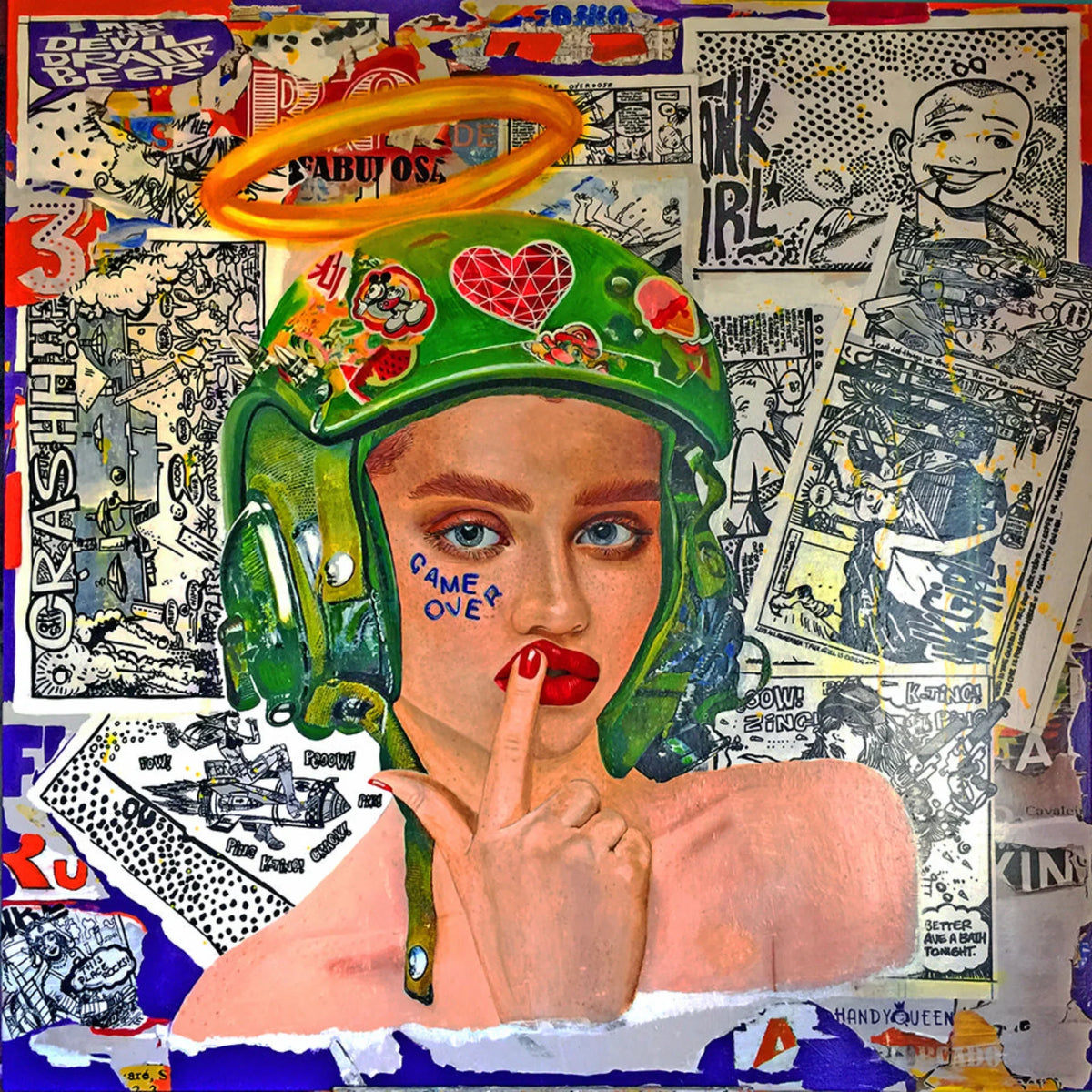 Bodega Girl by Hande Ugur — 120 x 120 cm acrylic contemporary figurative painting with layered graphic and pop-culture imagery.