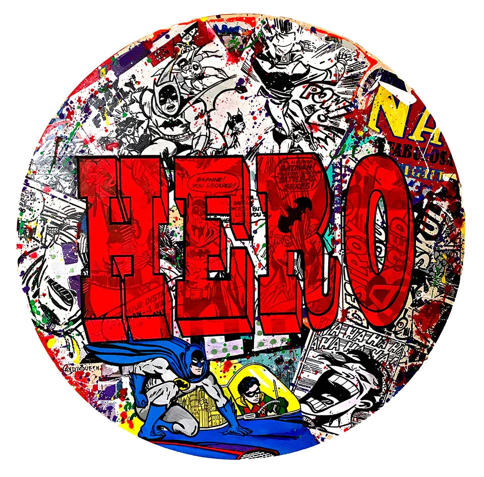 Hero Batman by Hande Ugur — 100 cm round acrylic pop-art painting with comic-book imagery, bold HERO typography and colorful splashes.
