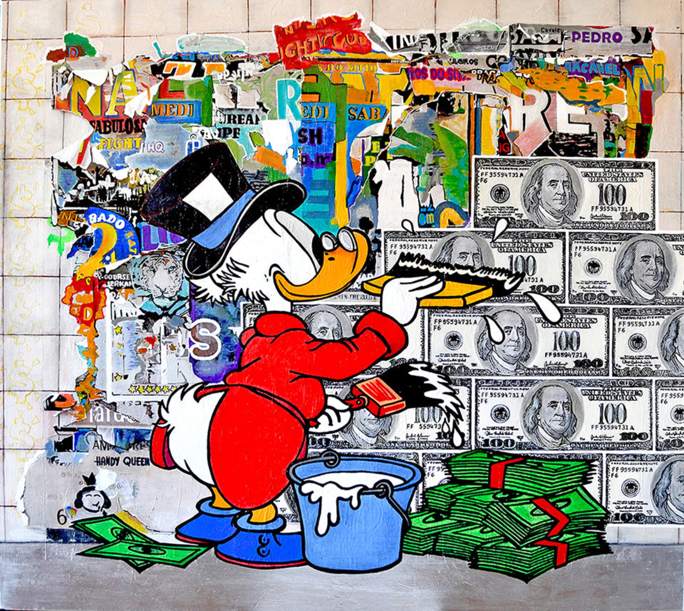 Cartoon character with money and dollar bills in a collage-style artwork