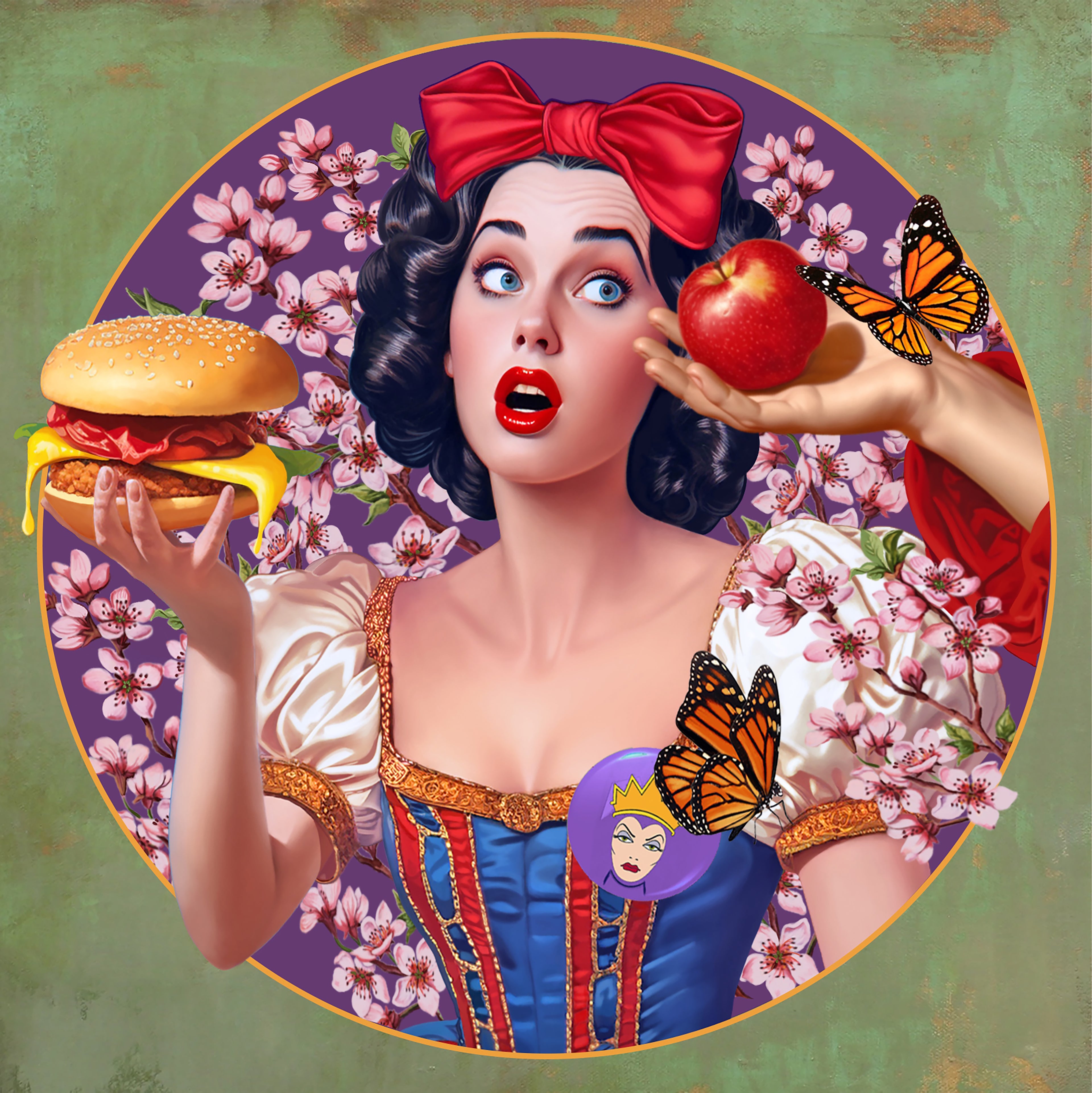Snow White character holding a hamburger instead of an apple with butterflies and flowers in the background