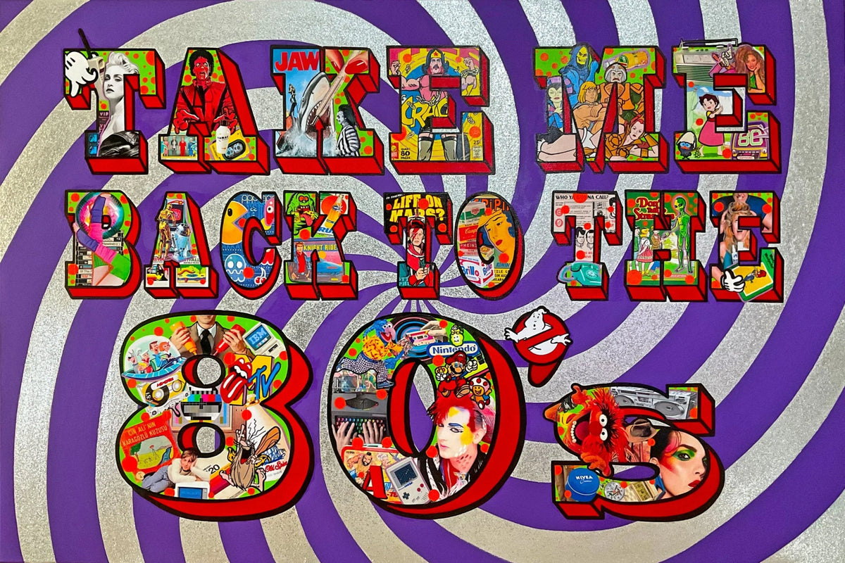 Collage of vintage-style images with text 'Take Me Back to the 80s' on a purple and gray spiral background.