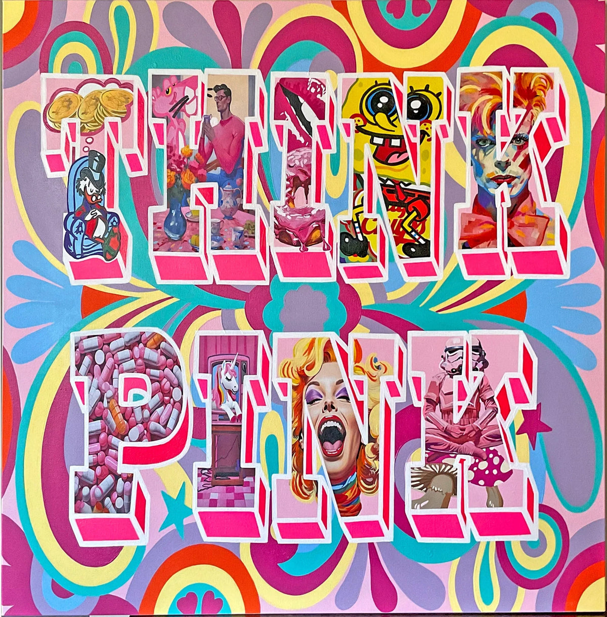 colorful and abstract designs and 'Think Pink' text