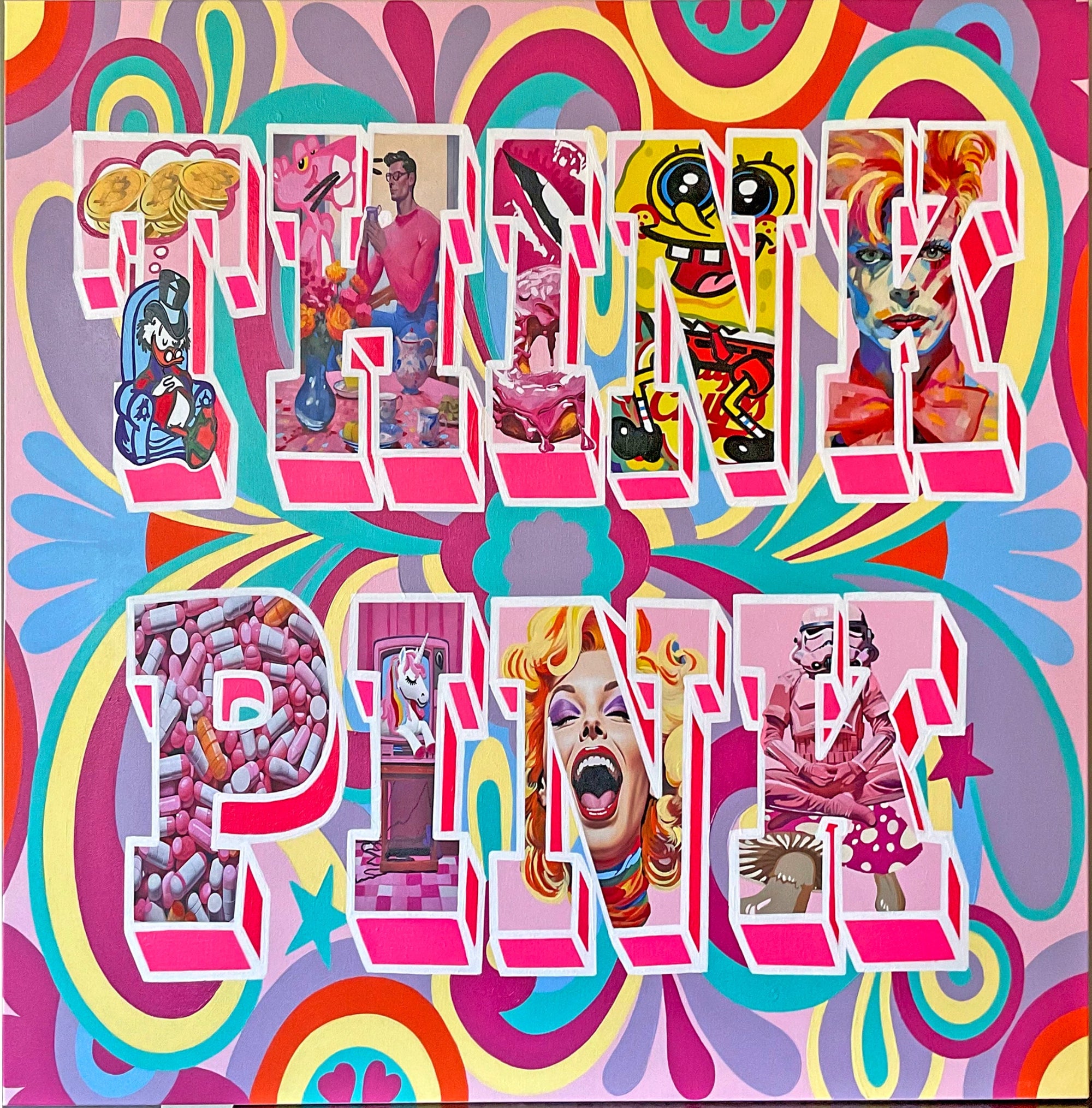 colorful and abstract designs and 'Think Pink' text